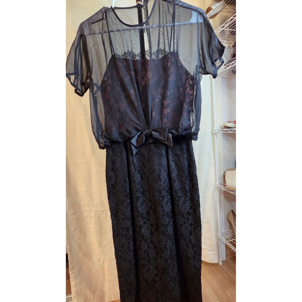 Vintage Leslie Fay Black Lace Sheath Dress Sheer Chiffon Overlay Bow Accent M